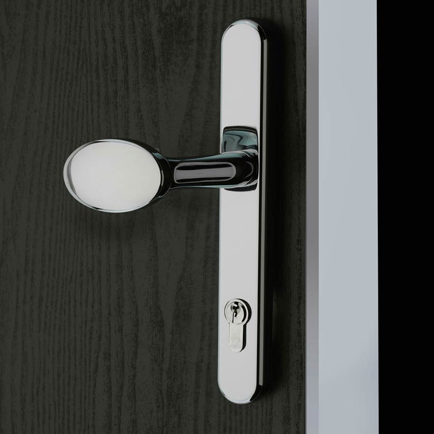 chrome uPVC door handle fitted to a door