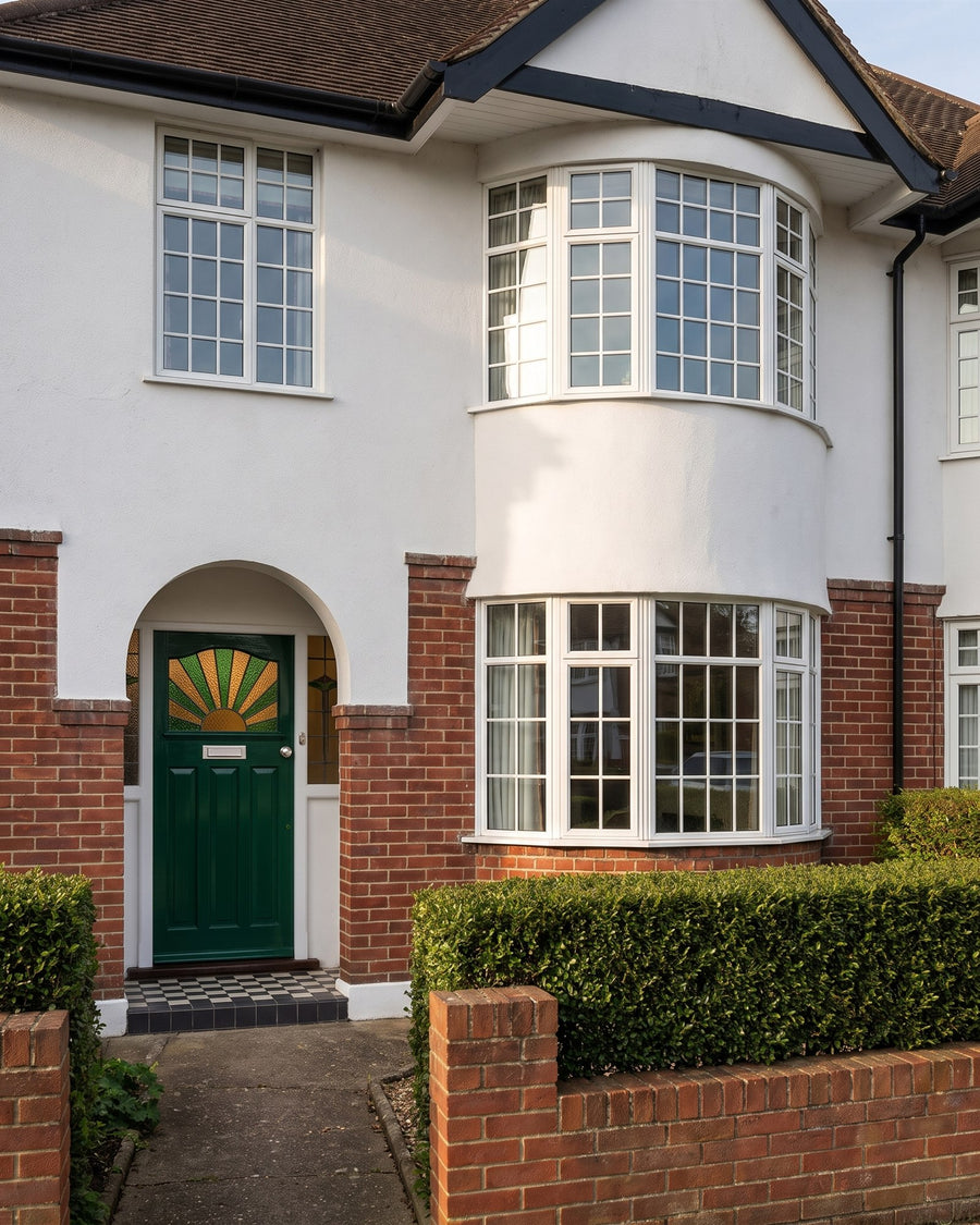 1930s semi-detached house with a curved bay, steel windows and an arched porch framing a green sunburst front door