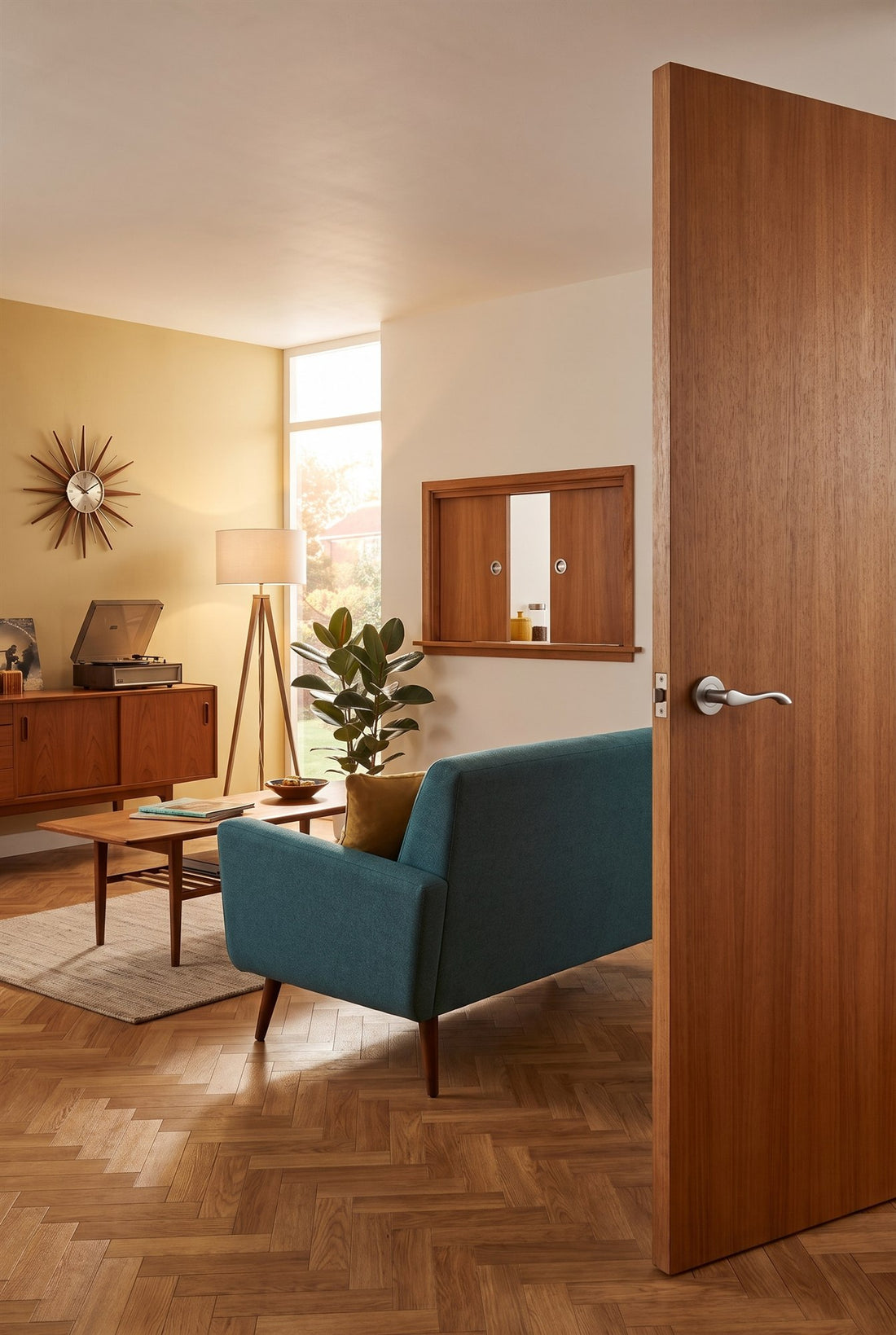 1950s lounge with herringbone parquet, a teak sideboard, sunburst clock and teal sofa, a teak serving hatch with satin chrome flush pulls and a teak flush door with a satin chrome Aurora lever