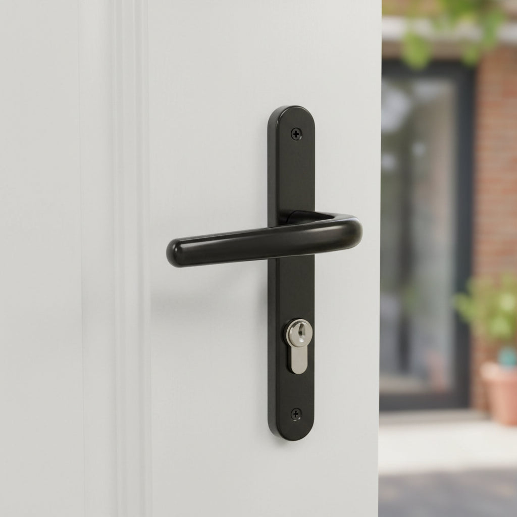 black uPVC door handle fitted to a white door