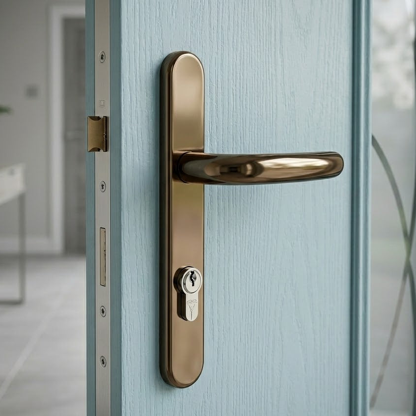 bronze uPVC door handle fitted to a front door
