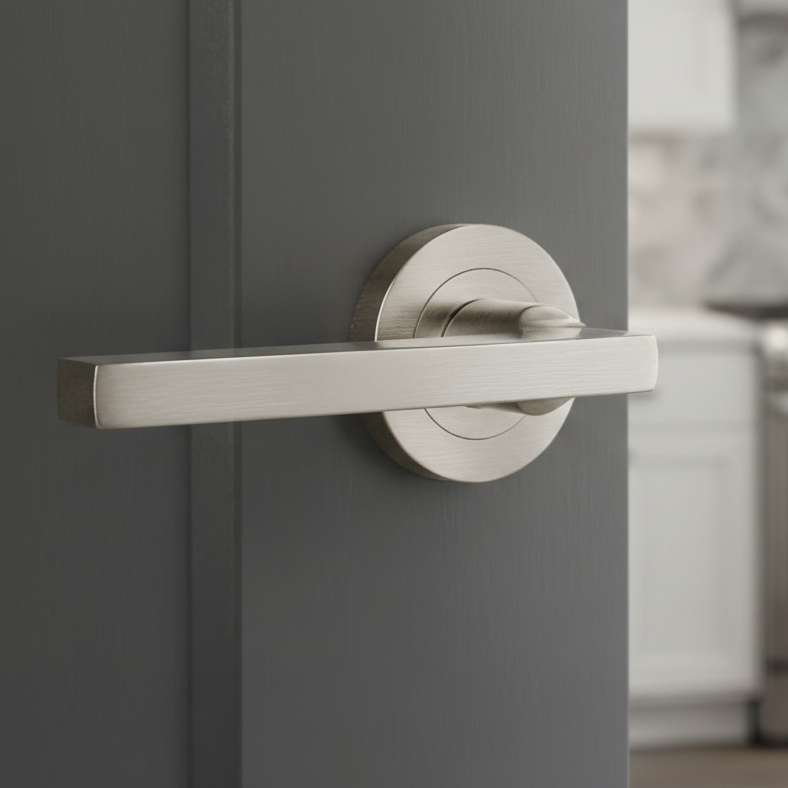 Nero JV600 Satin Nickel Jet Lever on Rose Door Handles