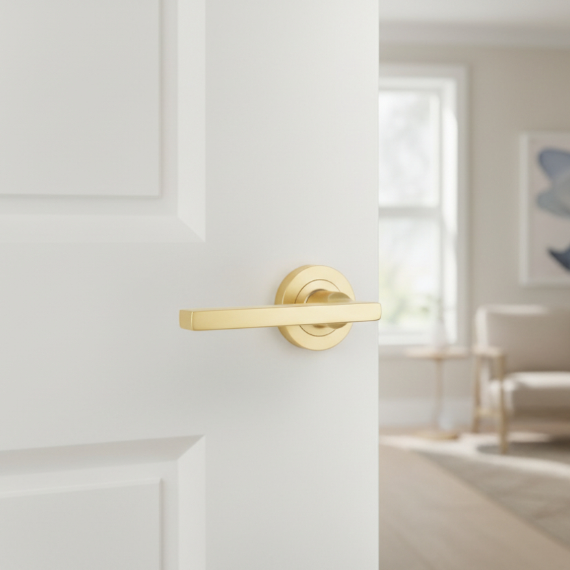 Nero JV600 Satin Brass Jet Lever on Rose Door Handles