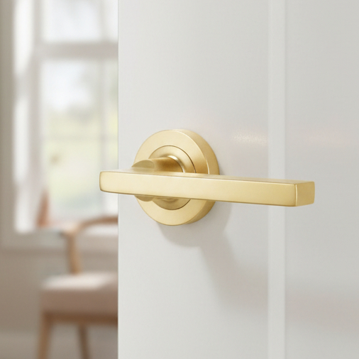 Nero JV600 Satin Brass Jet Lever on Rose Door Handles