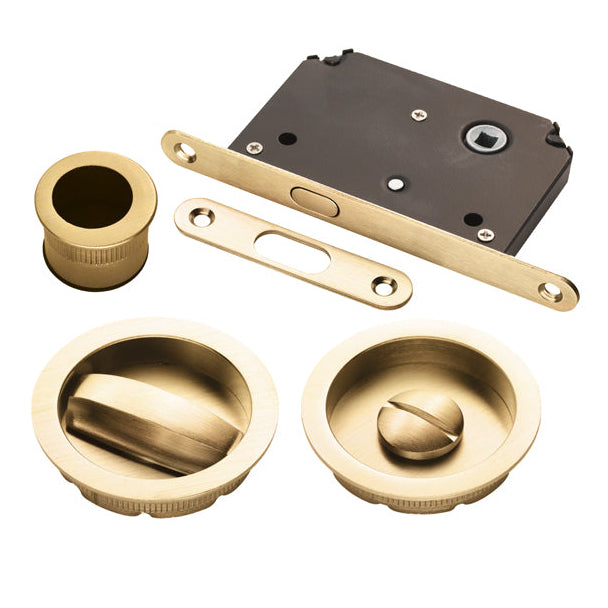 Satin Brass Sliding Door Bathroom Lock Set