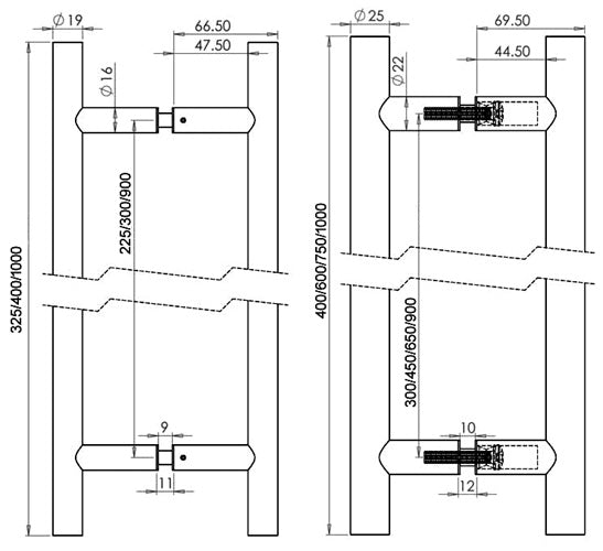Polished Stainless Guardsman Back to Back Pull Handles in Pairs
