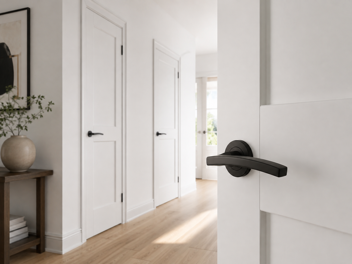 White two-panel Shaker doors along a bright hallway with oak floorboards and black hinges, an open door in the foreground fitted with a curved matt black lever on a round rose