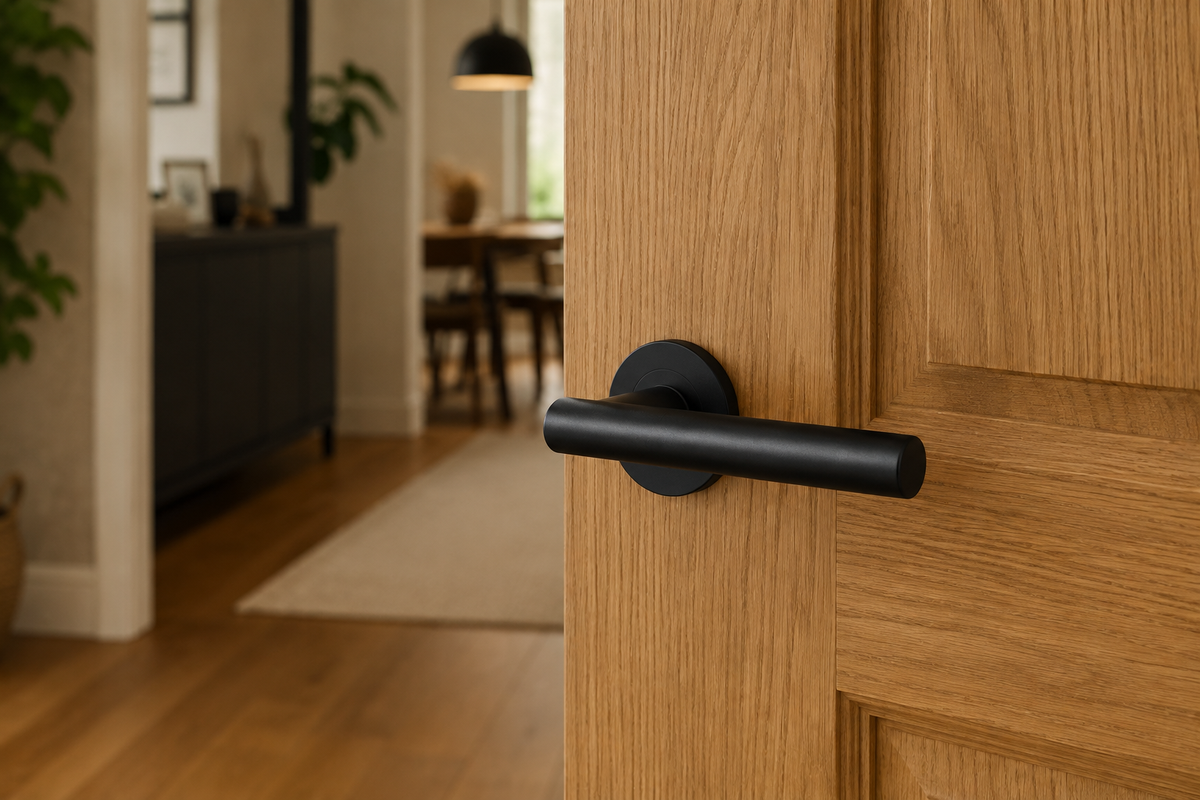 Smooth matt black T-bar lever on a round rose fitted to a honey-coloured oak panelled door, looking through to a dining room with a black pendant light and a dark sideboard