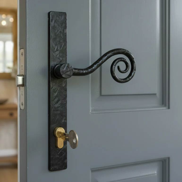 Fab and Fix Monkey Tail Forged Black Door Handles 92mm Centres RH