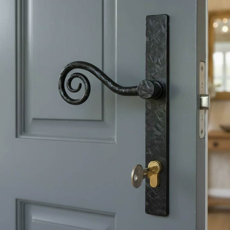 Fab and Fix Monkey Tail Forged Black Door Handles 92mm Centres LH