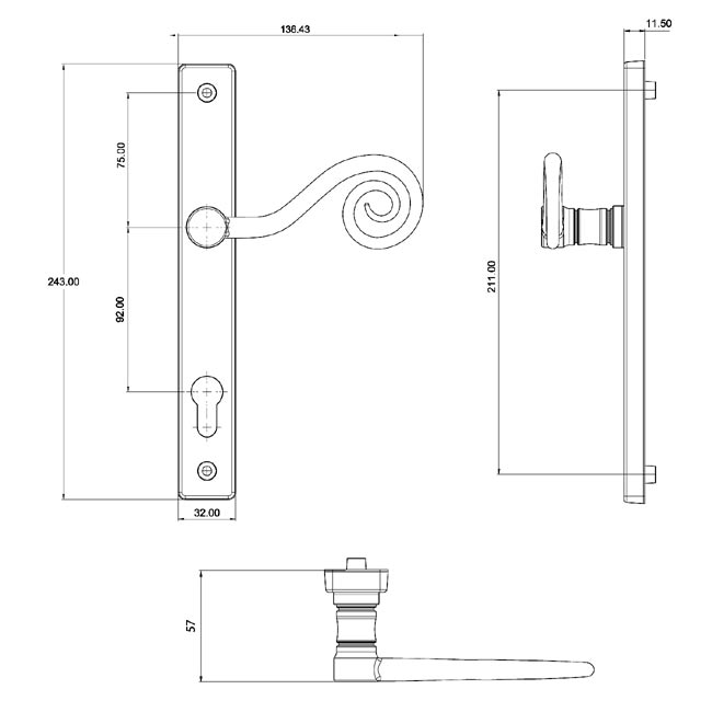 Fab and Fix Monkey Tail Hardex Pewter Door Handles 92mm Centres LH