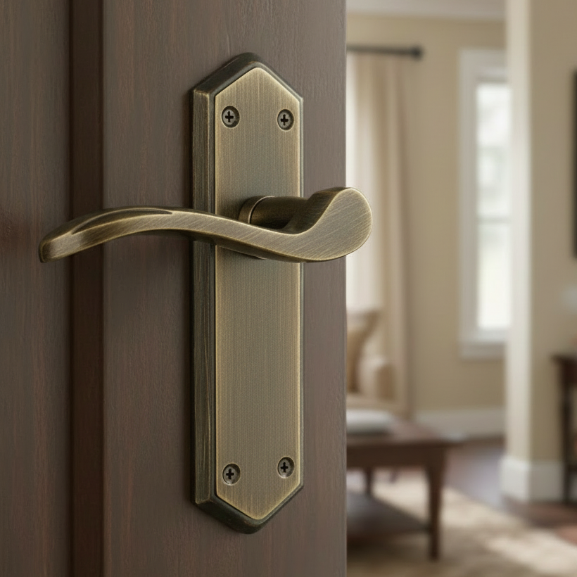 Antique brass scroll lever on a plain shaped backplate with a bronze edge, on a dark brown timber door opening into a sitting room