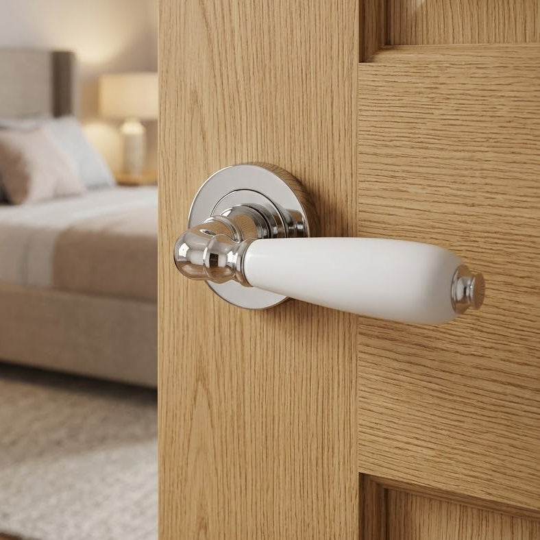 Oxford White China on Polished Chrome Rose Door Handles
