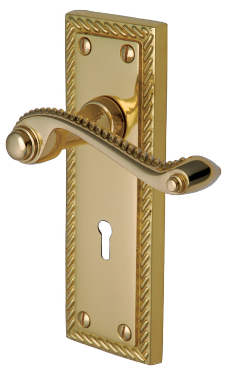 Georgian Polished Brass Rope Edge Keyhole Door Handles