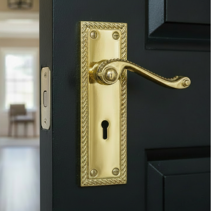 Georgian Polished Brass Rope Edge Keyhole Door Handles