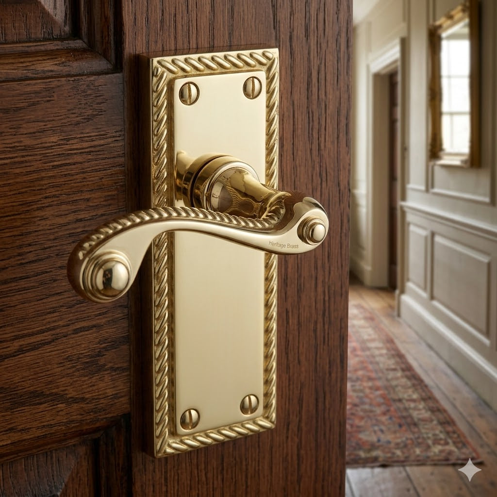 Georgian Polished Brass Rope Edge Long Plate Latch Door Handles
