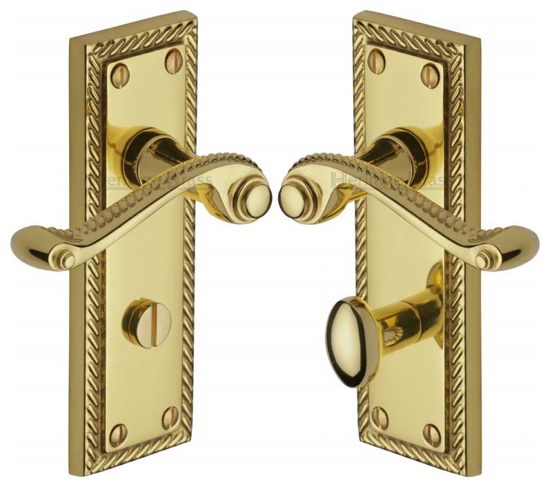 Georgian Polished Brass Rope Edge Bathroom Lock Door Handles