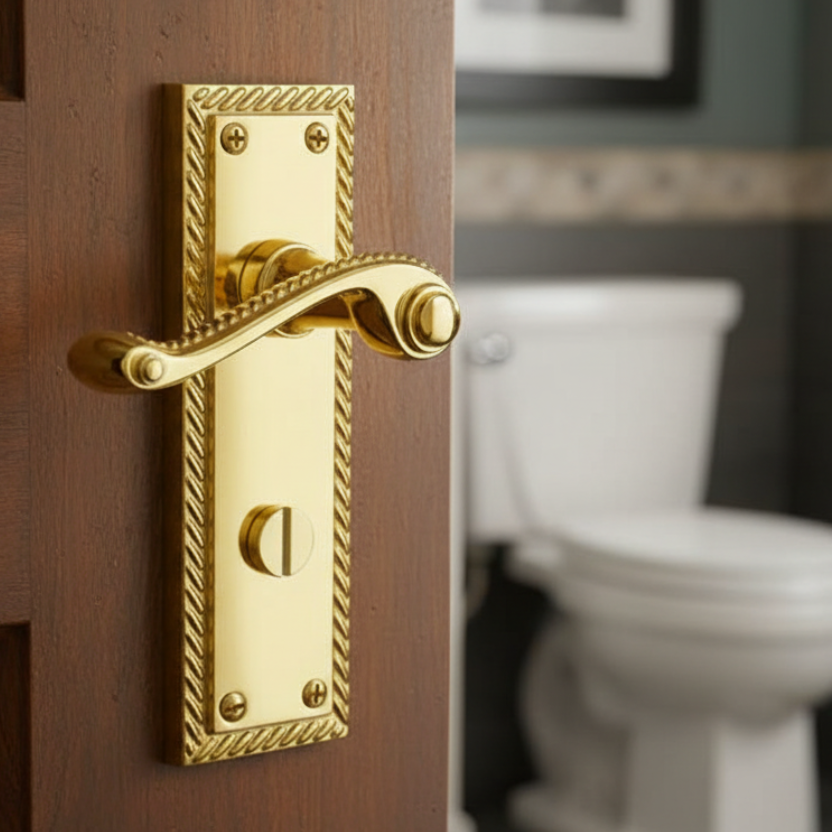 Georgian Polished Brass Rope Edge Bathroom Lock Door Handles