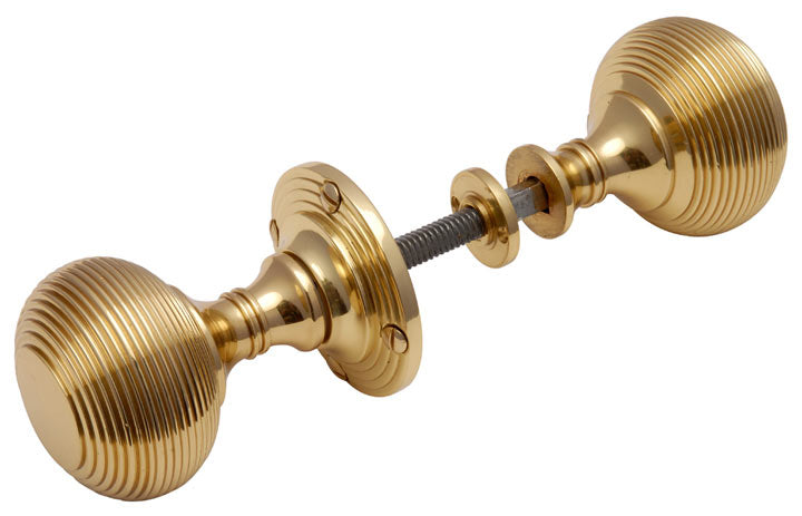 Polished Brass Reeded Rim Door Knob Set 55mm