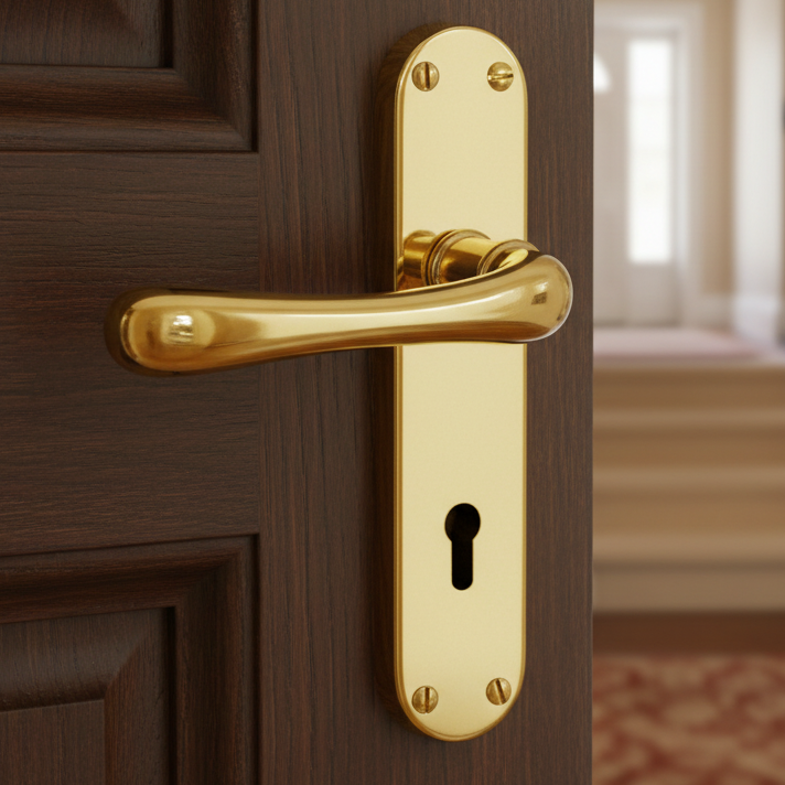 Luna Shaped Lever Polished Brass Keyhole Door Handles