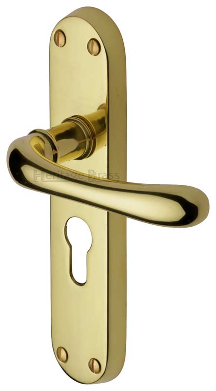 Luna Shaped Lever Polished Brass 48mm Euro Cylinder Door Handles