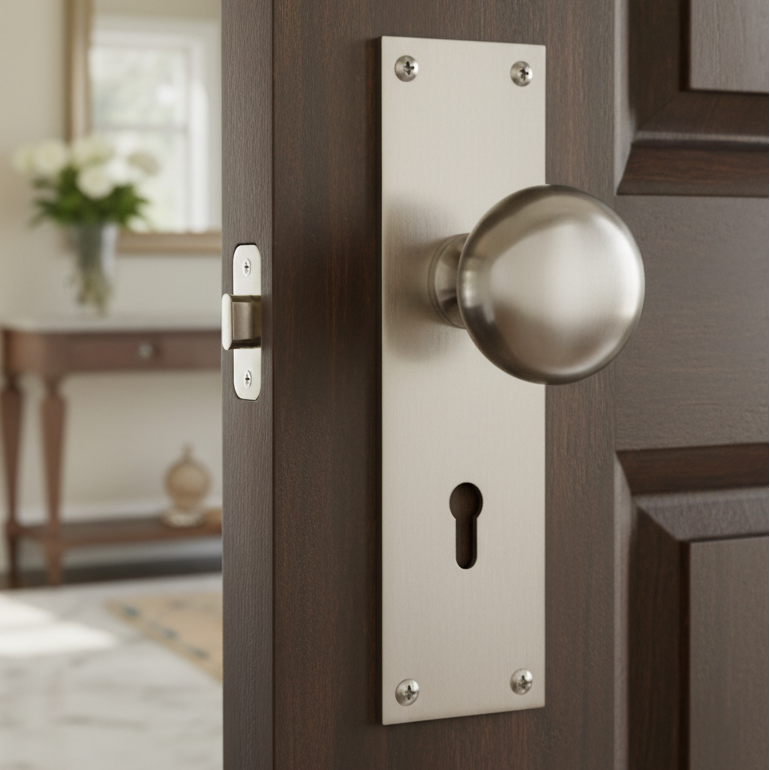 Heritage Balmoral Satin Nickel Knob on Lock Plate