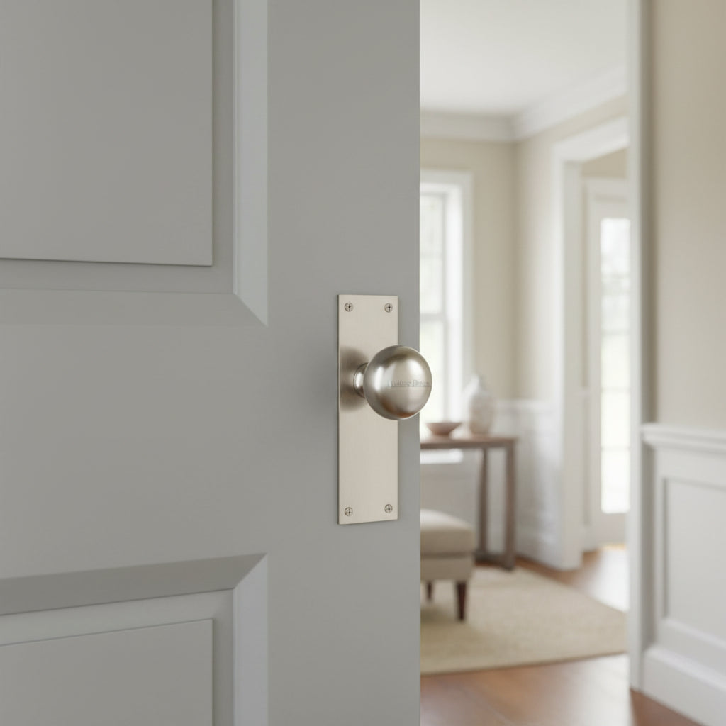 Heritage Balmoral Satin Nickel Knob on Latch Plate