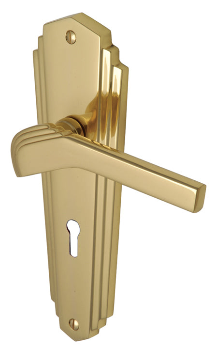 Heritage Polished Brass Waldorf Art Deco Lock Handles WAL6500PB