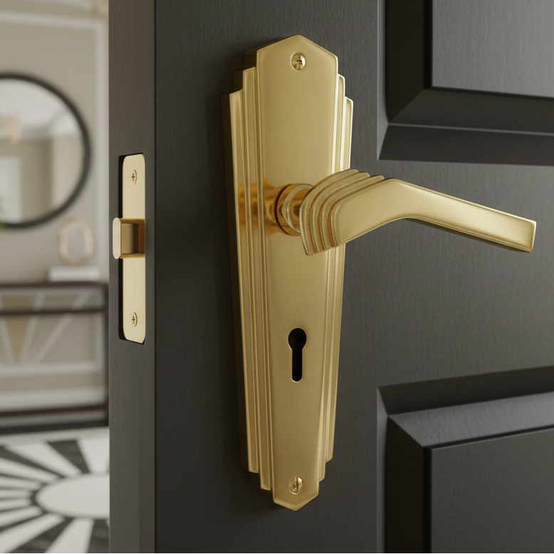 Heritage Polished Brass Waldorf Art Deco Lock Handles WAL6500PB
