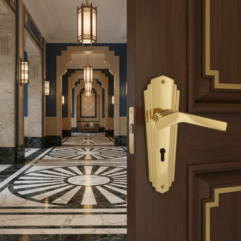 Heritage Polished Brass Waldorf Art Deco Lock Handles WAL6500PB