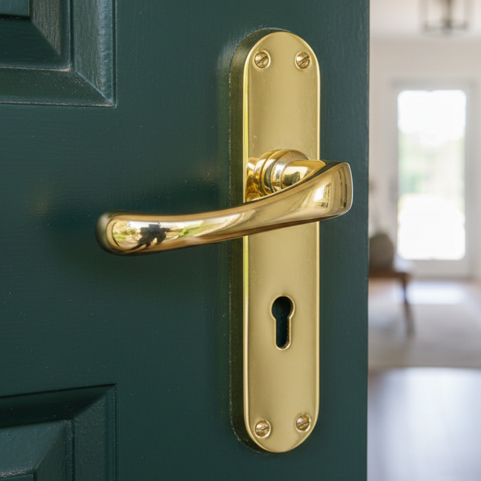 Gloucester Shaped Lever Polished Brass Keyhole Door Handles