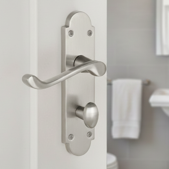 Milton Scroll Lever Satin Chrome Bathroom Lock Door Handle Set