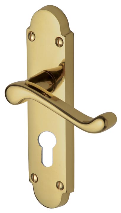 Milton Scroll Lever Polished Brass 48mm Euro Cylinder Door Handles