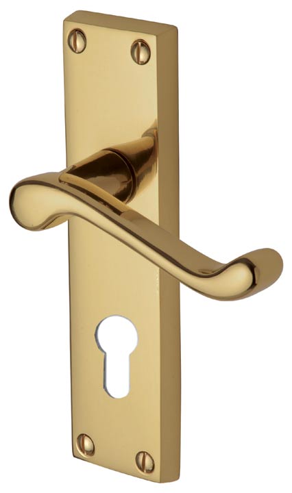 Malvern Scroll Lever Polished Brass 48mm Euro Cylinder Door Handles