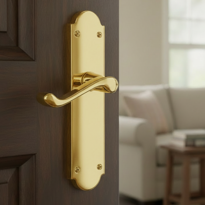 Kensington Scroll Lever Polished Brass Latch Door Handle Set