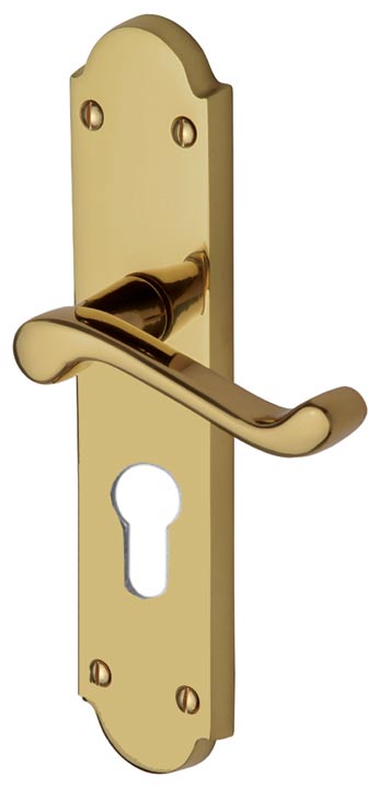 Kensington Scroll Lever Polished Brass 48mm Euro Cylinder Door Handles