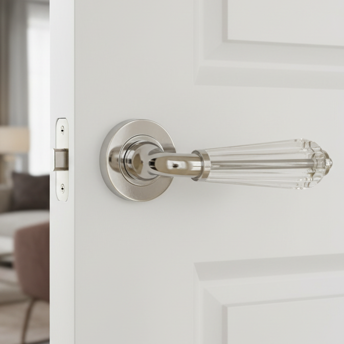 Polished chrome lever with a clear fluted glass grip on a round rose, fitted to a white panelled door with the latch visible in the door edge