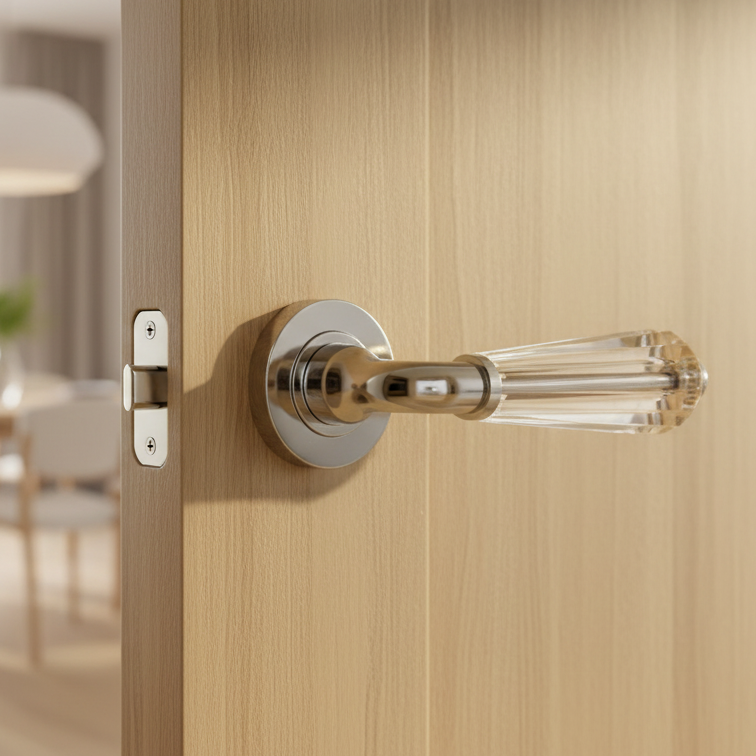 Polished chrome lever with a clear fluted glass grip on a round rose, fitted to a pale oak door