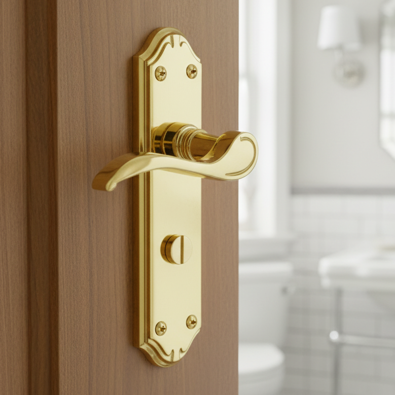 Verona Small Scroll Lever Polished Brass Bathroom Door Handles