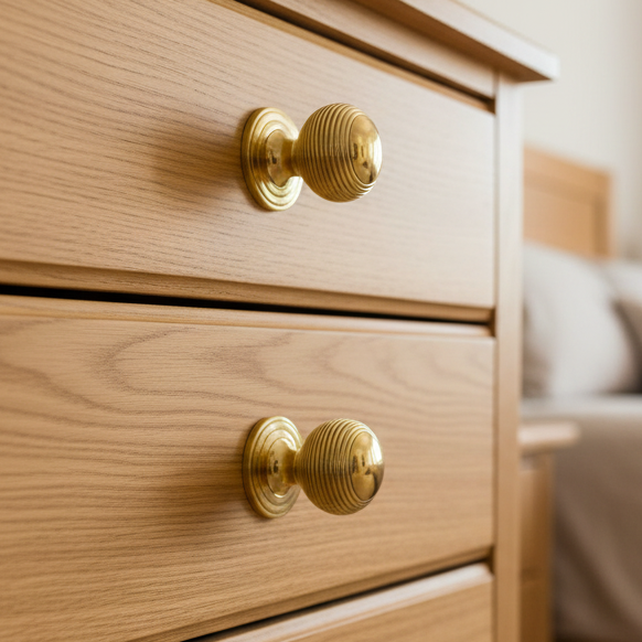 Polished Brass 32mm Reeded Ball Cupboard Knob