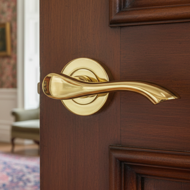 Algarve Polished Brass Wave Lever on Round Rose