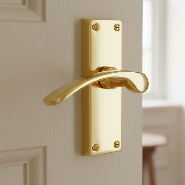 Sophia Curved Lever Polished Brass Short Plate Latch Door Handles