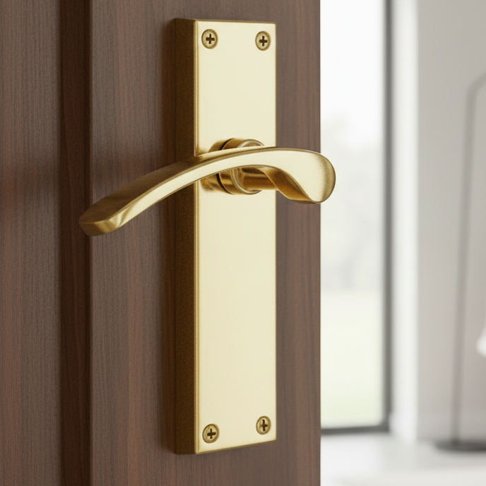 Sophia Curved Lever Polished Brass Long Plate Latch Door Handles