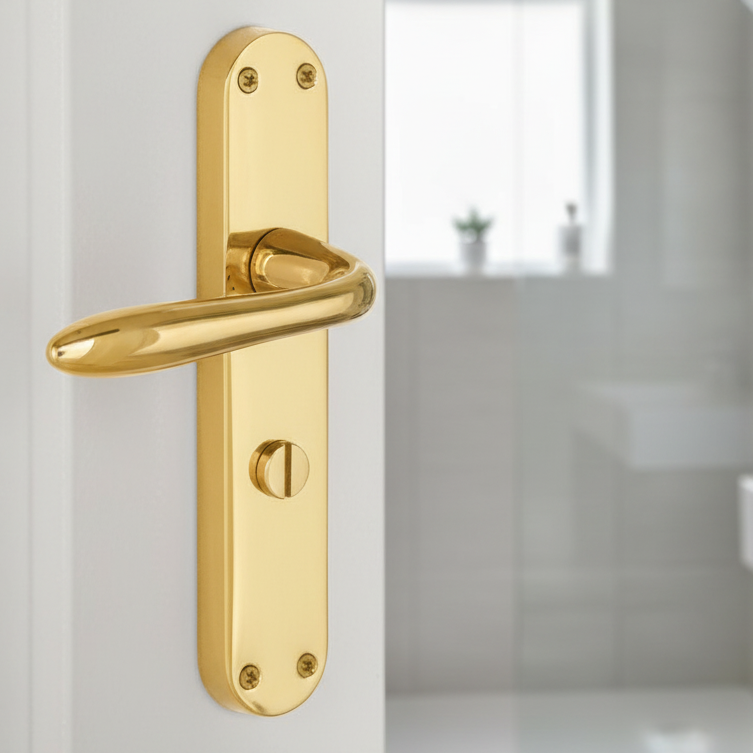 Sutton Shaped Lever Polished Brass Bathroom Door Handles