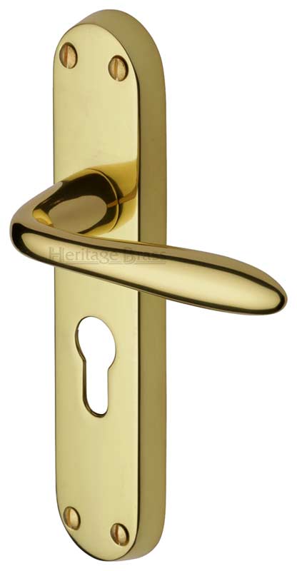 Sutton Shaped Lever Polished Brass 48mm Euro Cylinder Door Handles