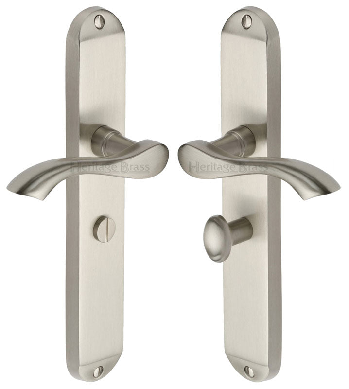 Algarve Long Shaped Lever Satin Nickel Bathroom Door Handles