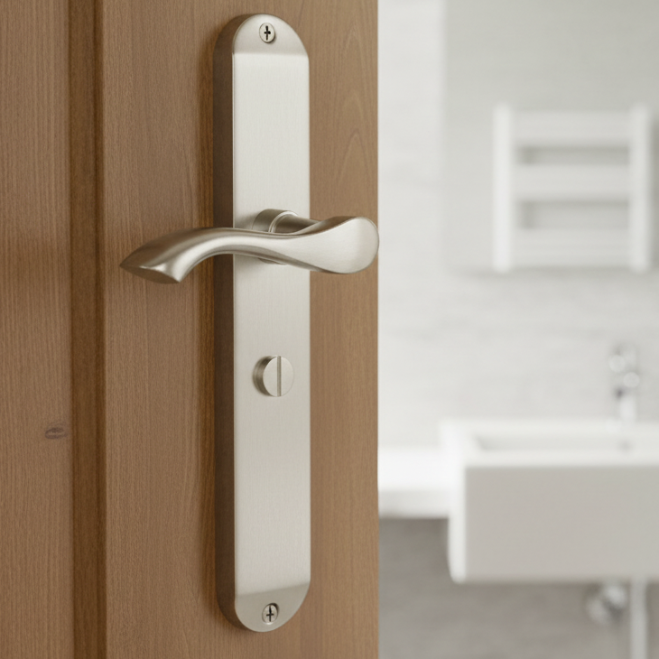 Algarve Long Shaped Lever Satin Nickel Bathroom Door Handles