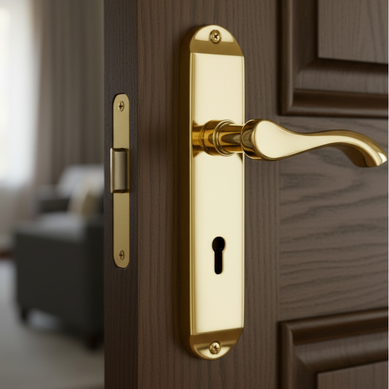 Algarve Small Shaped Lever Polished Brass Keyhole Door Handles