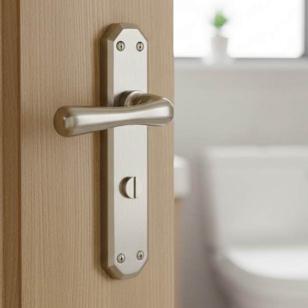 Charlbury Contoured Lever Satin Nickel Bathroom Lock Door Handles