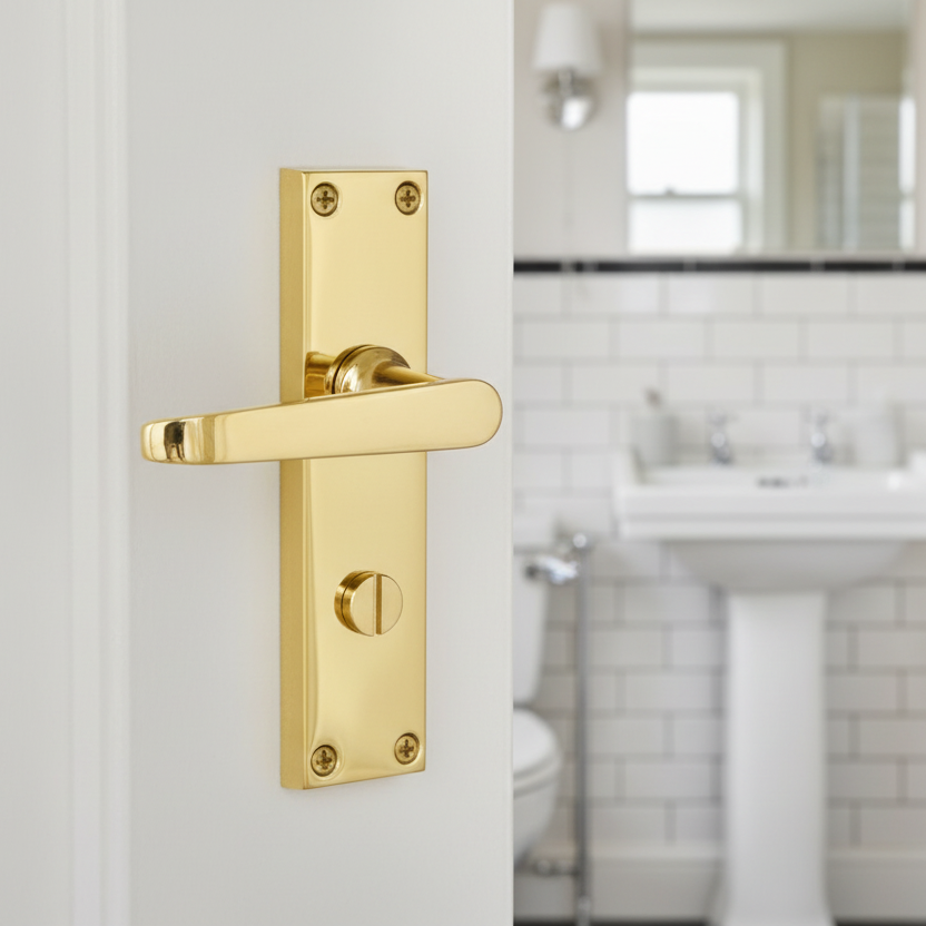 Victoria Straight Lever Polished Brass Bathroom Door Handles